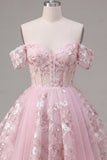 Off the Shoulder Pink A-Line Sheer Corset Floral Homecoming Dress