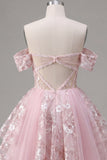 Off the Shoulder Pink A-Line Sheer Corset Floral Homecoming Dress