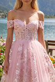Off the Shoulder Pink A-Line Sheer Corset Floral Homecoming Dress