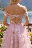 Off the Shoulder Pink A-Line Sheer Corset Floral Homecoming Dress