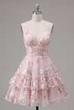 Pink A-Line Ruched Spaghetti Straps Floral Homecoming Dress