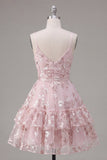 Pink A-Line Ruched Spaghetti Straps Floral Homecoming Dress