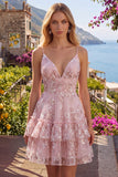 Pink A-Line Ruched Spaghetti Straps Floral Homecoming Dress