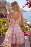 Pink A-Line Ruched Spaghetti Straps Floral Homecoming Dress