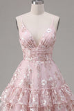 Pink A-Line Ruched Spaghetti Straps Floral Homecoming Dress