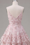 Pink A-Line Ruched Spaghetti Straps Floral Homecoming Dress