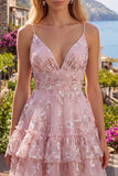 Pink A-Line Ruched Spaghetti Straps Floral Homecoming Dress
