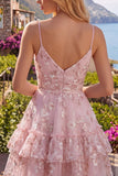 Pink A-Line Ruched Spaghetti Straps Floral Homecoming Dress