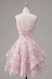 A-Line Pink Spaghetti Straps Corset Floral Homecoming Dress