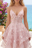 A-Line Pink Spaghetti Straps Corset Floral Homecoming Dress