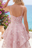 A-Line Pink Spaghetti Straps Corset Floral Homecoming Dress