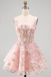 Pink A-Line Square Neck Sheer Corset Floral Short Homecoming Dress with Ruffles