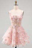 Pink A-Line Square Neck Sheer Corset Floral Short Homecoming Dress with Ruffles