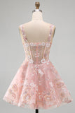Pink A-Line Square Neck Sheer Corset Floral Short Homecoming Dress with Ruffles