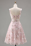 A-Line Pink Square Neck Corset Floral Homecoming Dress