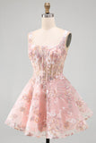 Pink A-Line Square Neck Sheer Corset Floral Short Homecoming Dress with Ruffles