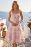 A-Line Pink Square Neck Corset Floral Homecoming Dress