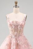 Pink A-Line Square Neck Sheer Corset Floral Short Homecoming Dress with Ruffles