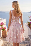 A-Line Pink Square Neck Corset Floral Homecoming Dress