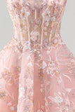 Pink A-Line Square Neck Sheer Corset Floral Short Homecoming Dress with Ruffles