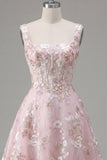 A-Line Pink Square Neck Corset Floral Homecoming Dress