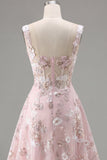 A-Line Pink Square Neck Corset Floral Homecoming Dress