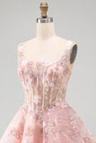 Pink A-Line Square Neck Sheer Corset Floral Short Homecoming Dress with Ruffles
