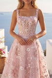 A-Line Pink Square Neck Corset Floral Homecoming Dress