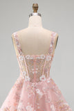 Pink A-Line Square Neck Sheer Corset Floral Short Homecoming Dress with Ruffles