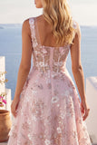 A-Line Pink Square Neck Corset Floral Homecoming Dress