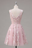 A-Line V-Neck Pink Corset Floral Homecoming Dress