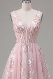 A-Line V-Neck Pink Corset Floral Homecoming Dress