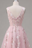 A-Line V-Neck Pink Corset Floral Homecoming Dress