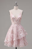 A-Line Pink Corset Spaghetti Straps Floral Homecoming Dress