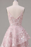 A-Line Pink Corset Spaghetti Straps Floral Homecoming Dress