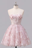 Strapless A-Line Pink Corset Floral Homecoming Dress