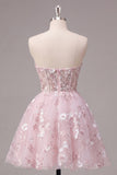 Strapless A-Line Pink Corset Floral Homecoming Dress