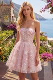 Strapless A-Line Pink Corset Floral Homecoming Dress