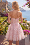 Strapless A-Line Pink Corset Floral Homecoming Dress