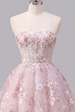 Strapless A-Line Pink Corset Floral Homecoming Dress