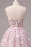 Strapless A-Line Pink Corset Floral Homecoming Dress