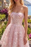 Strapless A-Line Pink Corset Floral Homecoming Dress