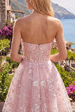 Strapless A-Line Pink Corset Floral Homecoming Dress