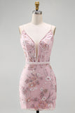 Pink Corset Bodycon Spaghetti Straps Floral Homecoming Dress
