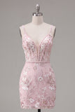 Pink Corset Bodycon Spaghetti Straps Floral Homecoming Dress