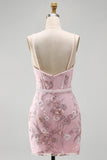 Pink Corset Bodycon Spaghetti Straps Floral Homecoming Dress