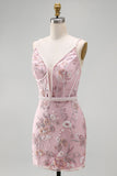 Pink Corset Bodycon Spaghetti Straps Floral Homecoming Dress