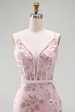 Pink Corset Bodycon Spaghetti Straps Floral Homecoming Dress