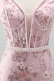 Pink Corset Bodycon Spaghetti Straps Floral Homecoming Dress
