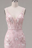 Pink Corset Bodycon Spaghetti Straps Floral Homecoming Dress
